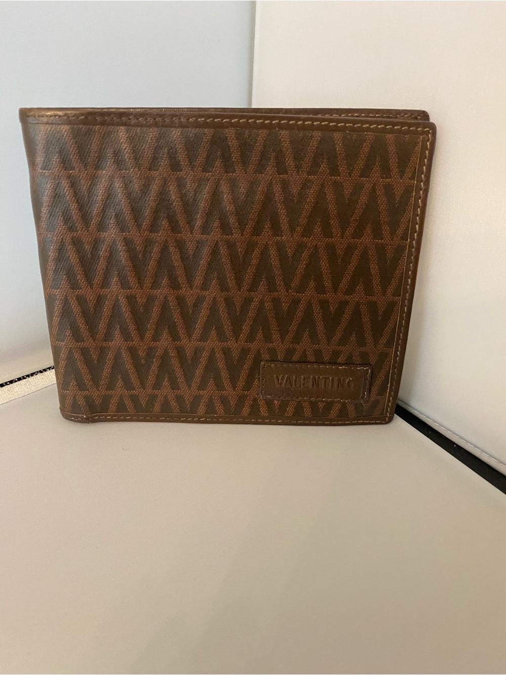 Valentino Brown Monogram V-Pattern Leather Bi-fold Wallet